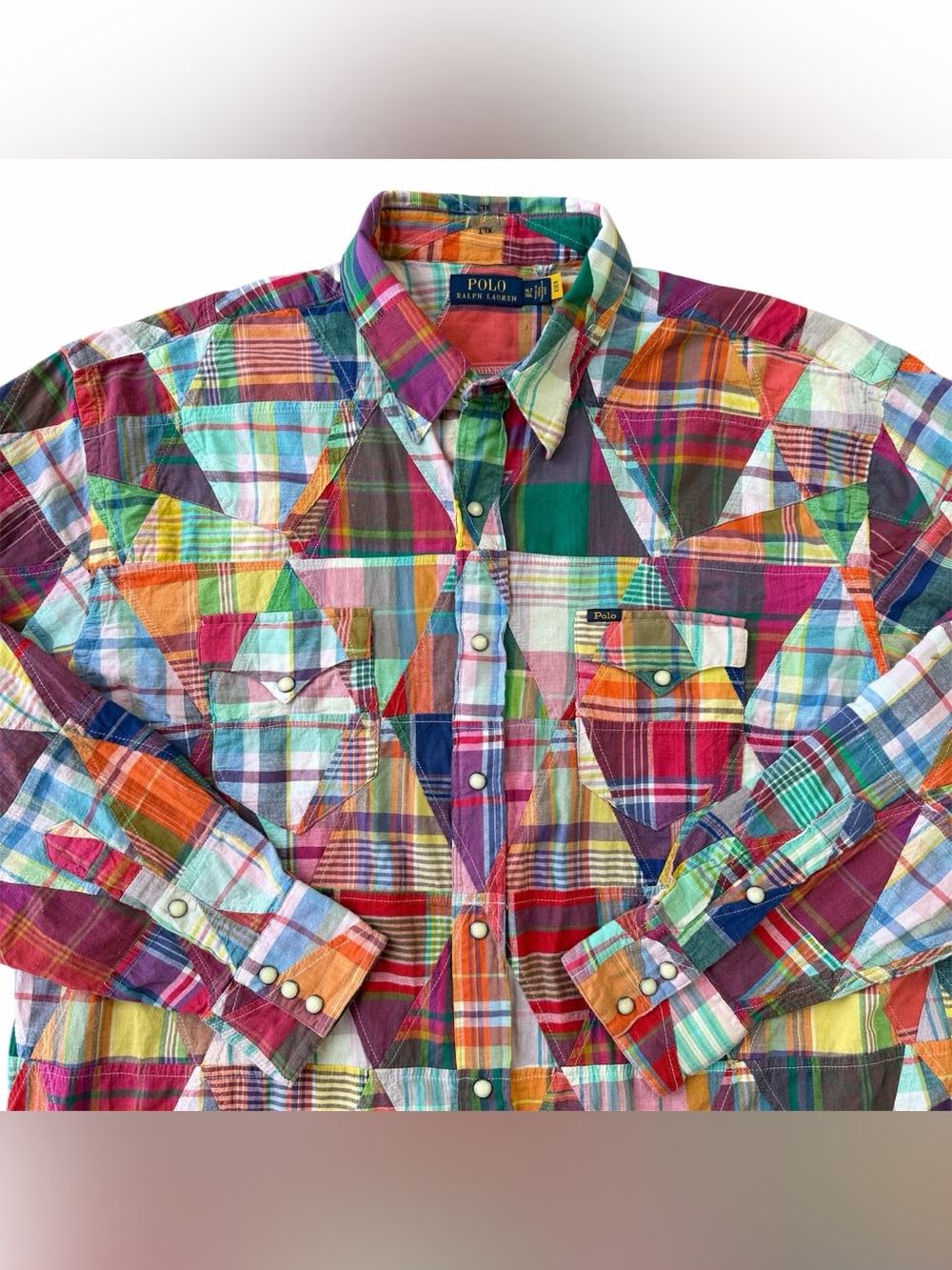 Polo Ralph Lauren Patchwork Plaid Madras Western Pearl Snap Button Shirt XLT